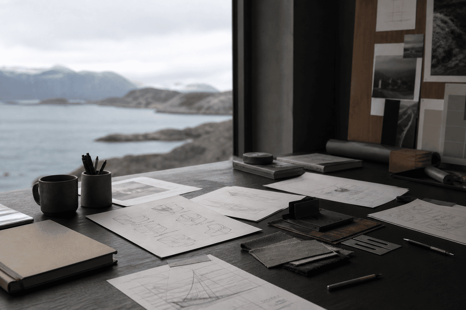 Venture-building workshop table with product sketches and working materials